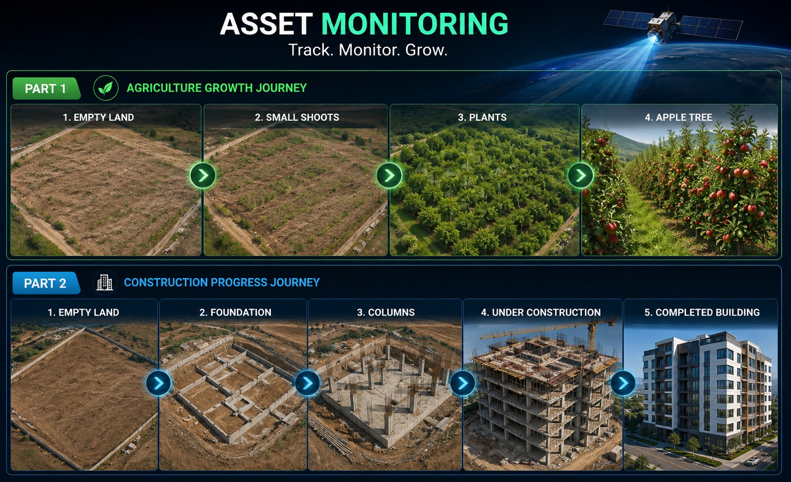 Asset progress monitoring showing agricultural and construction progress stages