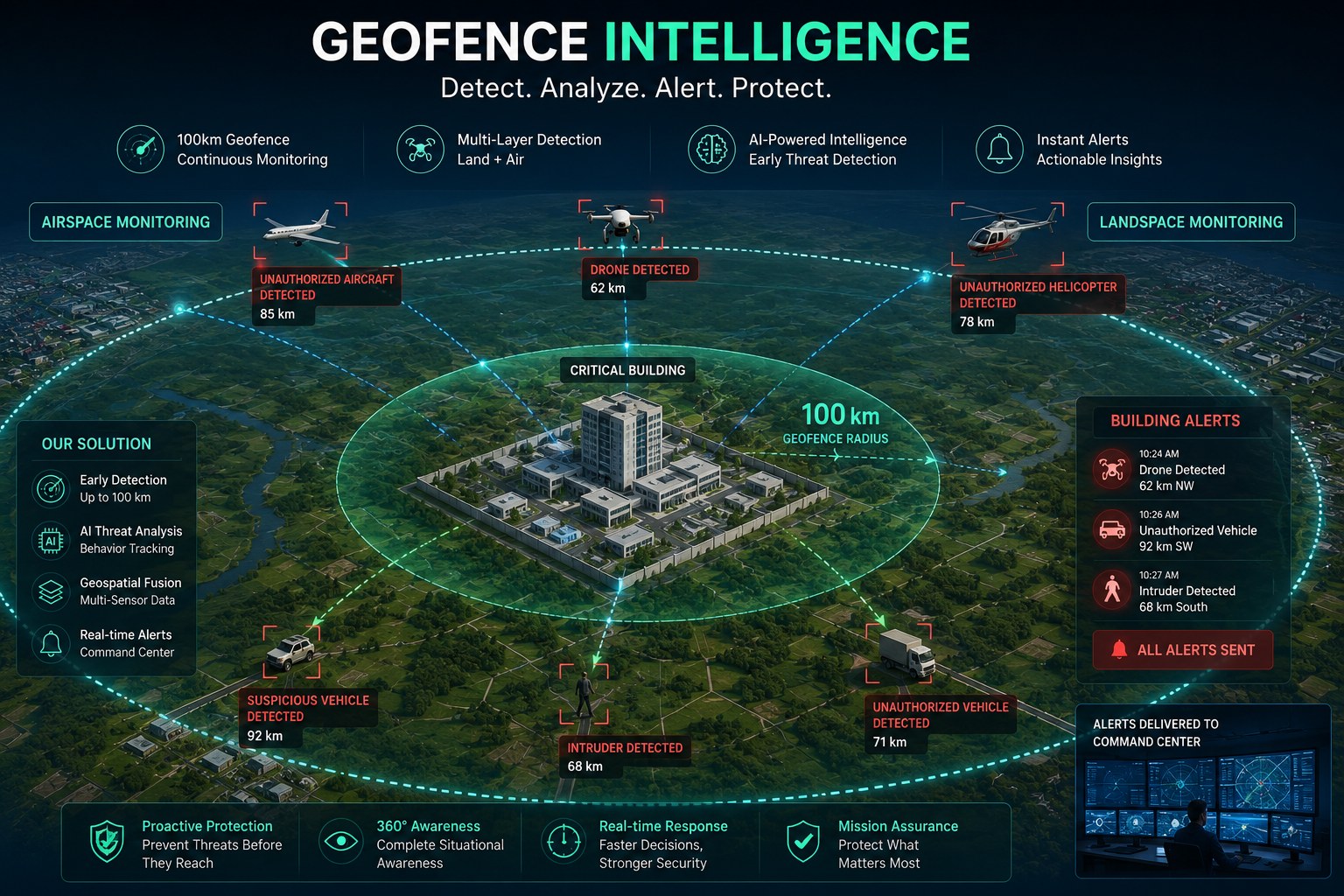 GeoFence intelligence showing a 100 kilometre monitored perimeter and detected activity