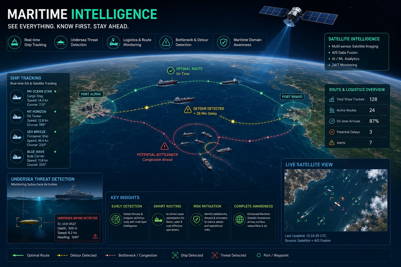 Maritime intelligence showing ship tracking, logistics routes, detours and undersea threat detection